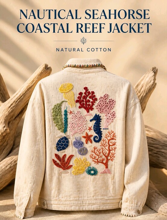 Jackets & Blazers - Nautical Seahorse Coastal Reef Natural 100% Cotton Jacket Small Medium New